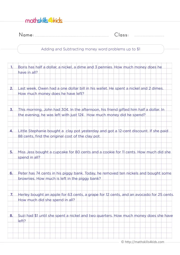 Preview of the adding and subtracting money page: eight short word problems with space below each one to work out the cents.