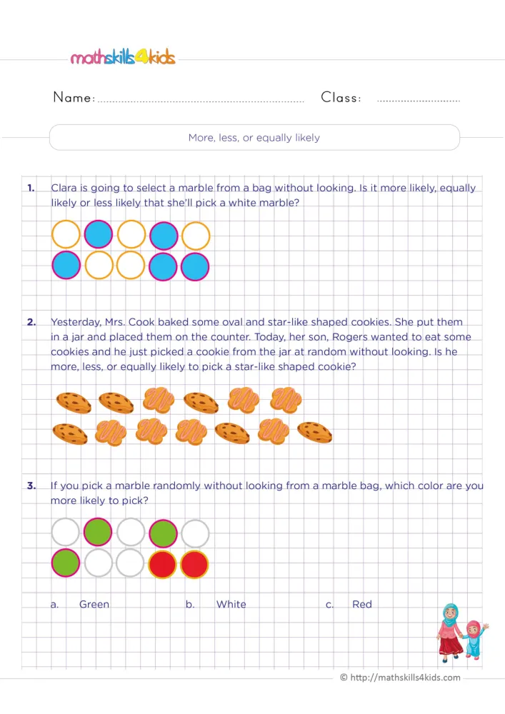 Preview of the chance page: three numbered questions about picking a marble or a cookie without looking, with choices.
