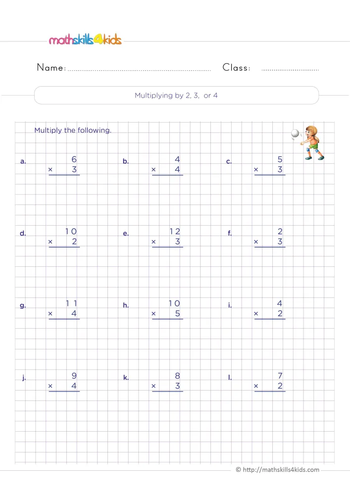 Preview of the multiplication facts page: vertical problems like 6 x 3 and 9 x 4, with a girl playing volleyball in the corner.