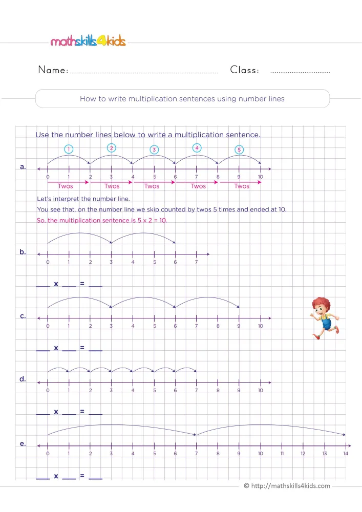 Preview of the number line page: jumps of different sizes drawn above lines from 0 to 14, with a running boy on the side.