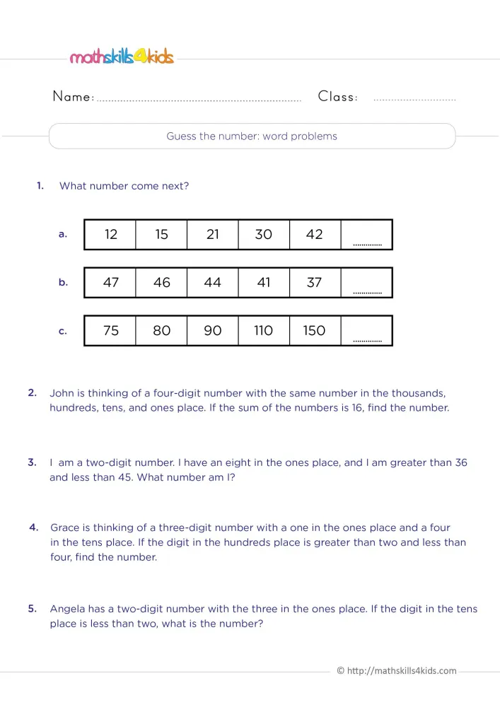 Preview of the guess the number page: number rows 12 to 42, 47 to 37 and 75 to 150, followed by four short digit clues.