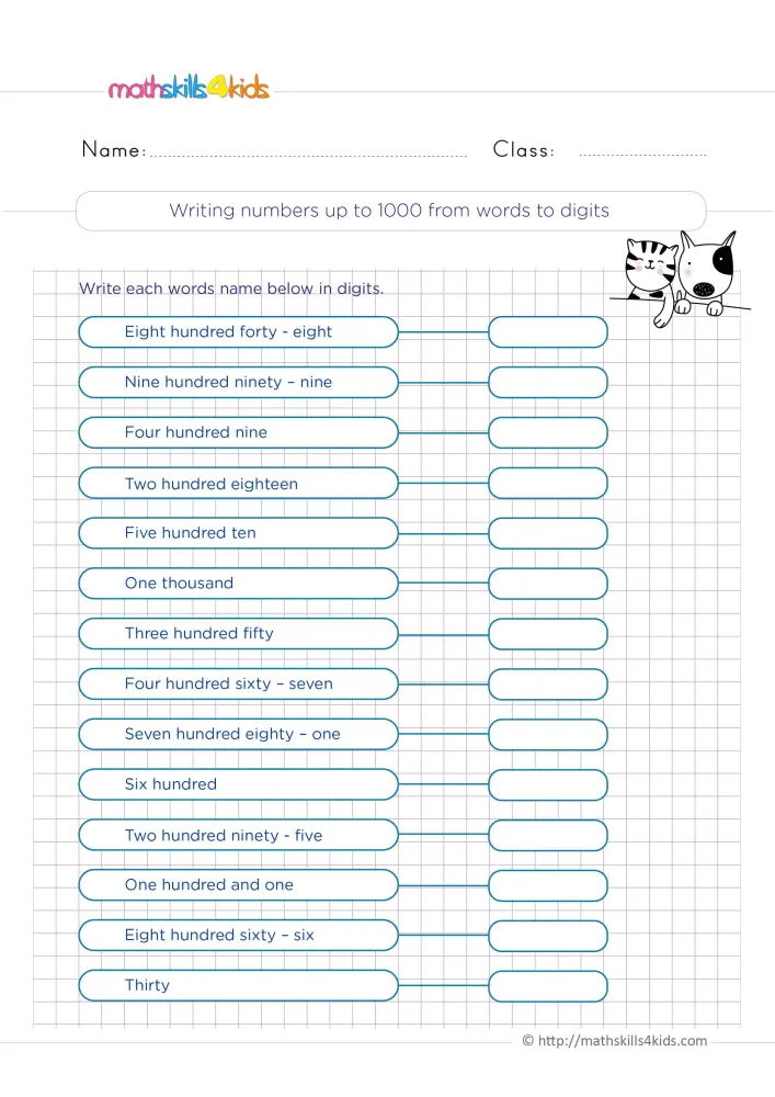Preview of the number names page: eight hundred forty-eight, four hundred nine, one thousand and thirty, ready to write in digits.
