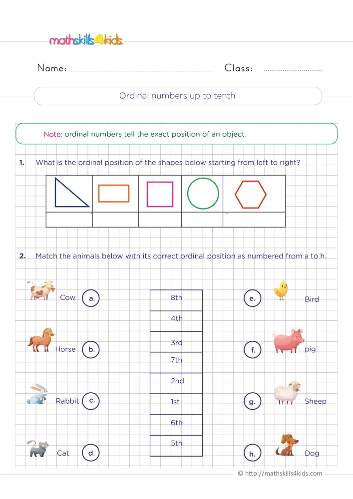 Preview of the ordinal page: a triangle, rectangle, square, circle and hexagon to label, and animals lettered a to h to match.
