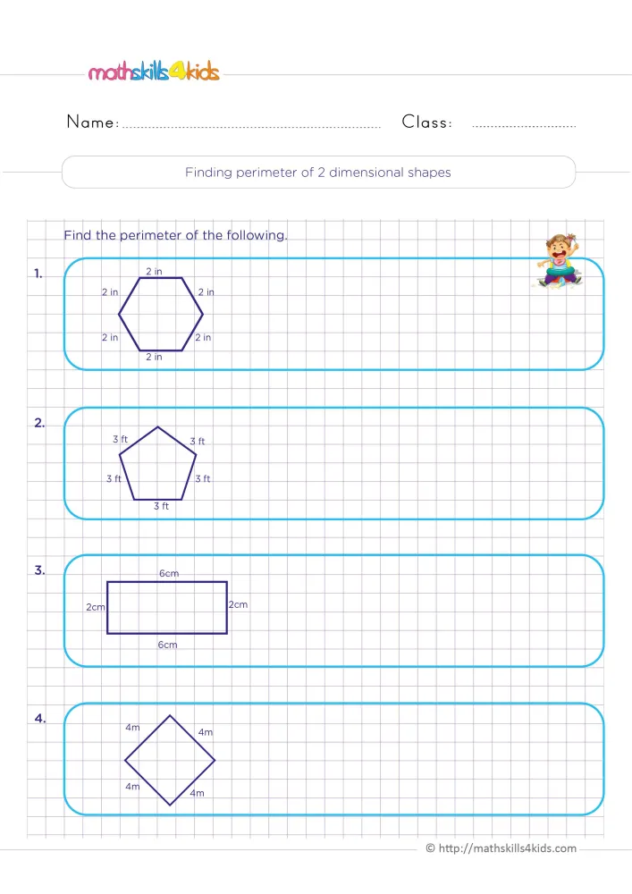 Preview of four outlined shapes in blue rounded frames on a grid, with every side labeled with a length to add up.