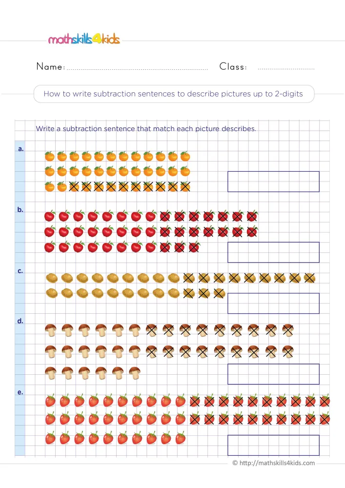 Preview of the picture subtraction page on a purple grid, with crossed-out fruit and an empty box for each sentence.