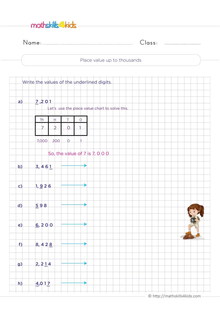 Preview of the place value page: numbers from 3,461 to 4,017 with a blue arrow and a space for each digit's value.
