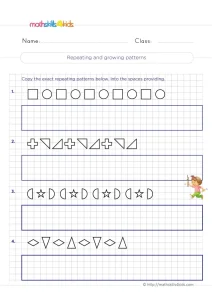 2nd Grade Redraw Repeating Patterns Worksheet: Copy Four Shape Rows