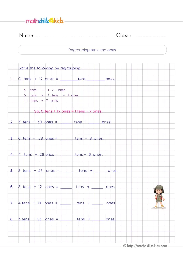 Preview of the regrouping page: eight numbered lines of tens plus ones, each with blanks for the new tens and ones.