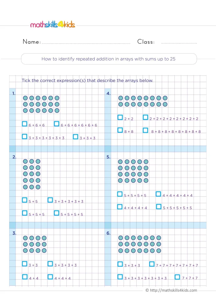 Preview of the arrays page: dot grids from 3 rows of 4 to 3 rows of 7, with sums like 6 + 6 + 6 to tick.