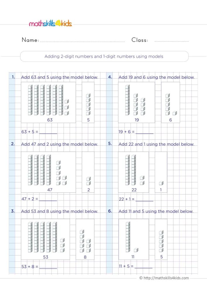 Preview of the base-ten page with models for 63 + 5, 47 + 2, 22 + 1 and 11 + 5, each with a line for the sum.