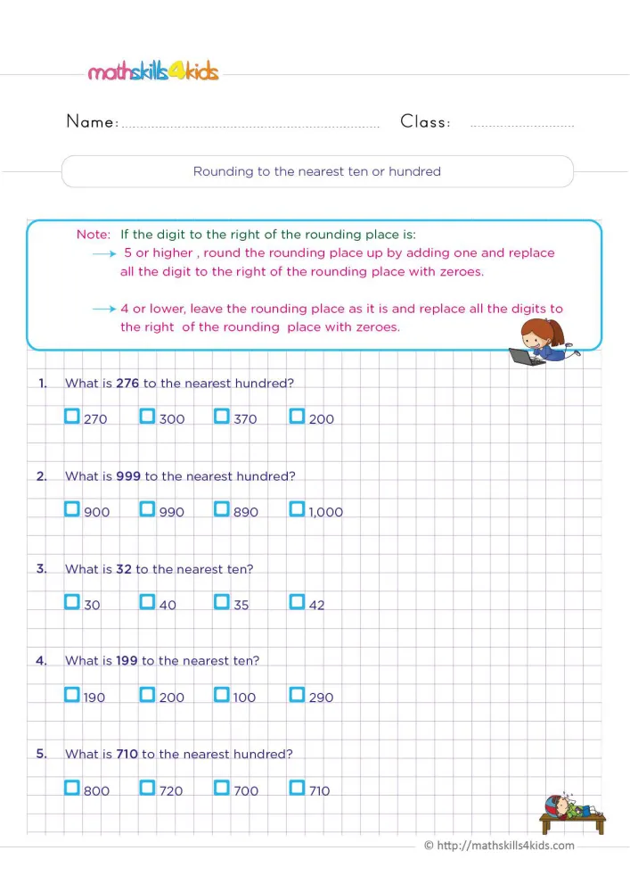 Preview of the rounding page: questions about 276, 999, 32, 199 and 710, each with four numbers to tick on a grid.