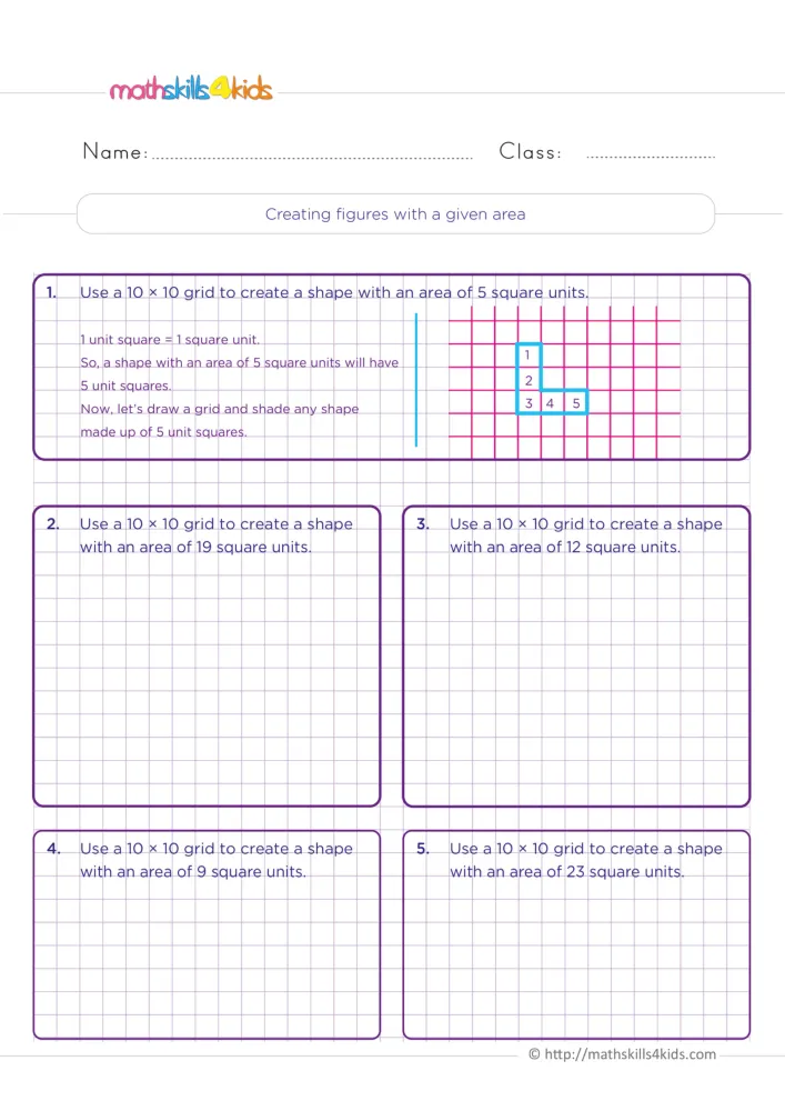 Preview of an area page with a numbered example on a pink grid and four purple boxes where children draw their own shapes.