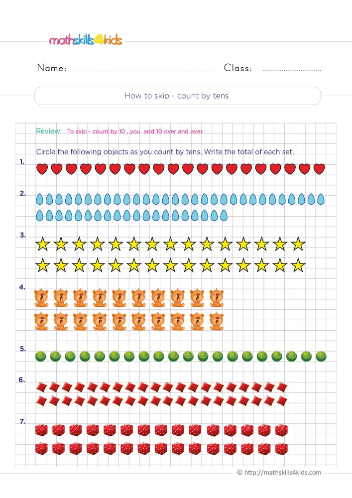 Preview of the counting by tens page on a purple grid, seven numbered sets of objects under an add 10 review line.