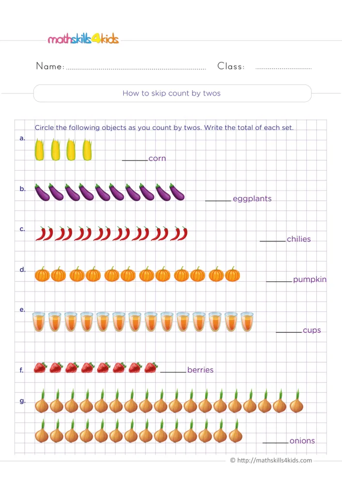 Preview of the counting by twos page on a purple grid, seven food rows labeled a to g with a blank line for each total.