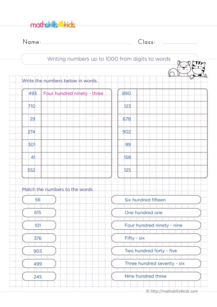 Preview of the number names page: 493 written as a model, numbers such as 710, 29 and 902 to spell, and two cartoon cats.