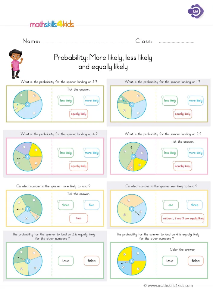 Preview of the probability page: eight spinners split into three or four sections of different sizes, each with answer choices.