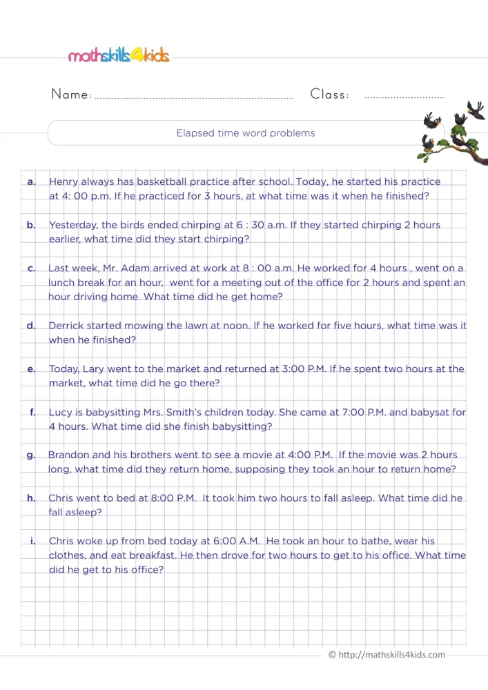 Preview of the elapsed time word problems page: nine short questions, labeled a to i, written on a purple grid with lines.