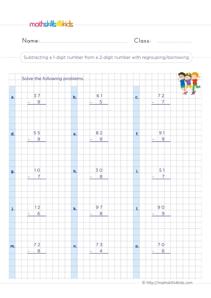 Preview of the regrouping page, with problems labeled a to o and three smiling friends in the top corner.