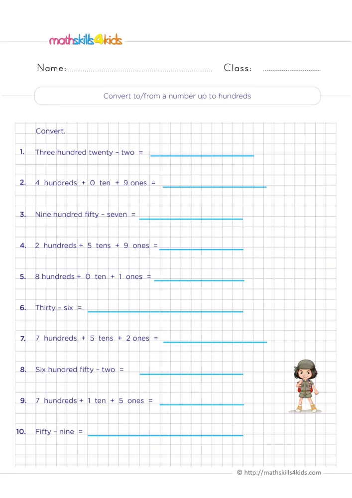 Preview of the number forms page: lines such as three hundred twenty-two and 4 hundreds + 0 tens + 9 ones on a grid.