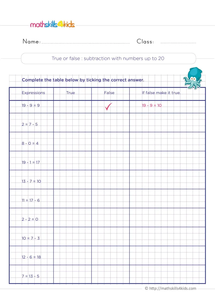 Preview of the true or false table, with the first row done as a model and a small octopus at the top right.