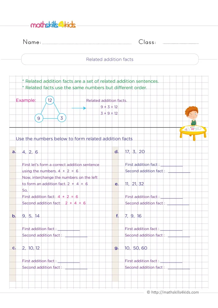 Preview of the page: sets such as 9, 5, 14 and 17, 3, 20 with lines for a first and second fact, and a boy painting at a table.