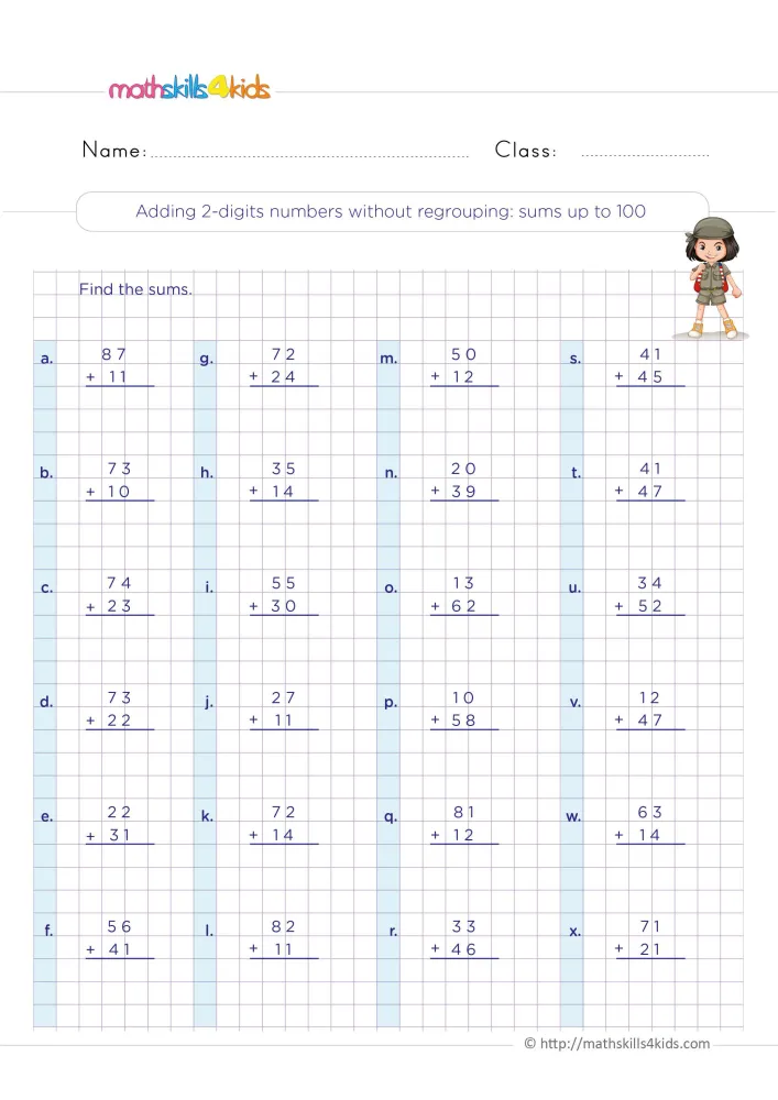 Preview of the column addition page, with problems such as 87 + 11, 72 + 24 and 50 + 12 in four columns.