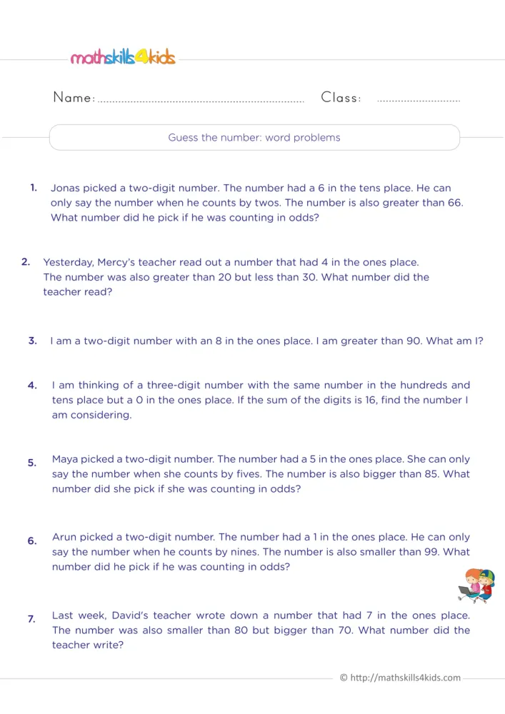 Preview of the guess the number page: seven numbered riddles about Jonas, Mercy, Maya, Arun and David, with space to work.
