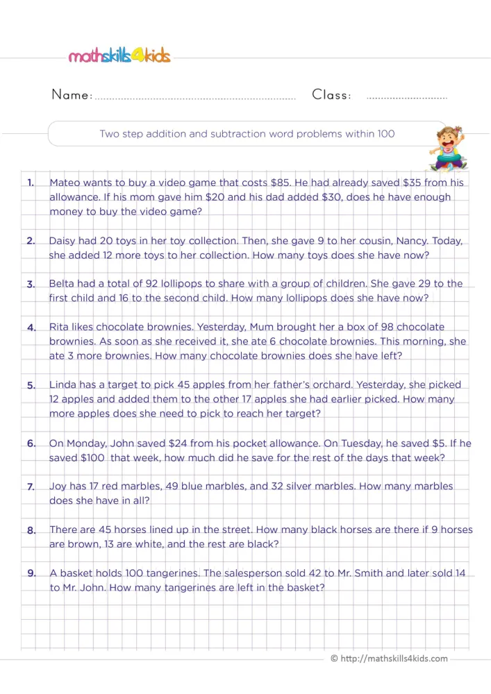 Preview of the two-step problem page on a purple grid, from Mateo's video game to the basket of 100 tangerines.