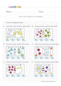 2nd Grade Venn Diagram Color Counting Worksheet: Find Every Shape of One Color