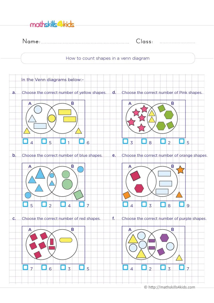 Preview of the count shapes in a Venn diagram page: six overlapping circle pairs with shapes inside, between and outside them.