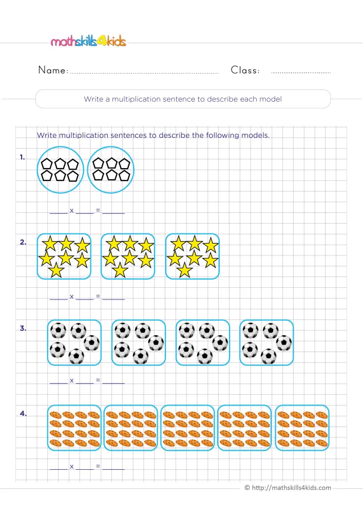 Preview of the multiplication page: four numbered group models, each above blanks joined by a times sign and an equals sign.