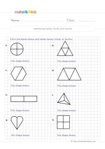 2nd Grade Write the Fraction Name Worksheet: Halves, Thirds or Fourths
