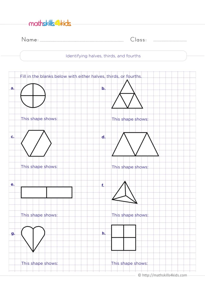 Preview of the halves, thirds and fourths page: a circle, triangles, a hexagon, a heart and a square split into equal parts.