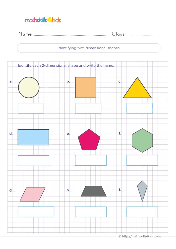 Preview of nine colored flat shapes on a purple grid, from a yellow triangle to a gray kite, with a writing box under each one.