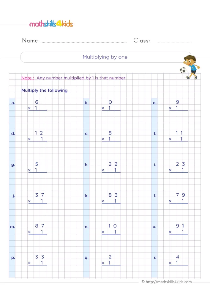 Preview of the multiplying by one page: a boy with a soccer ball by the title, a note with the rule, then three columns of facts a to r.