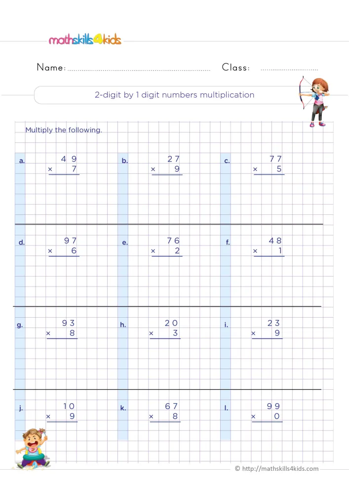 Preview of the two-digit by one-digit page: a girl with a bow by the title, then four rows of column problems labeled a to l.