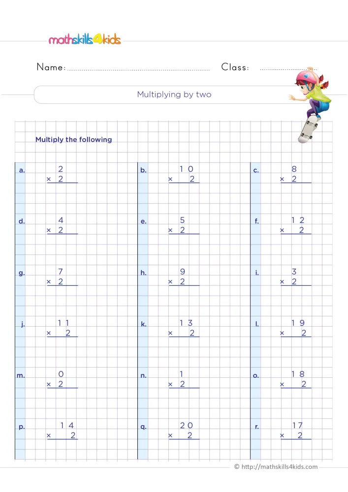 Preview of the multiplying by two page: six rows of column facts labeled a to r, and a girl on a skateboard beside the title.