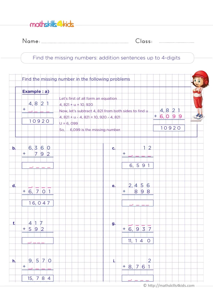 Preview of the missing number addition page on a purple grid, with a worked example box and eight problems labeled b to i.