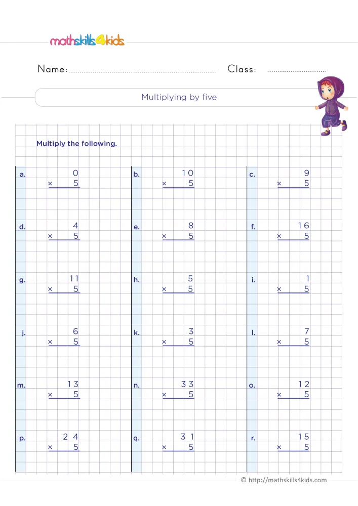 Preview of the multiplying by five page: a girl in a hoodie beside the title, then six rows of column facts from a to r.