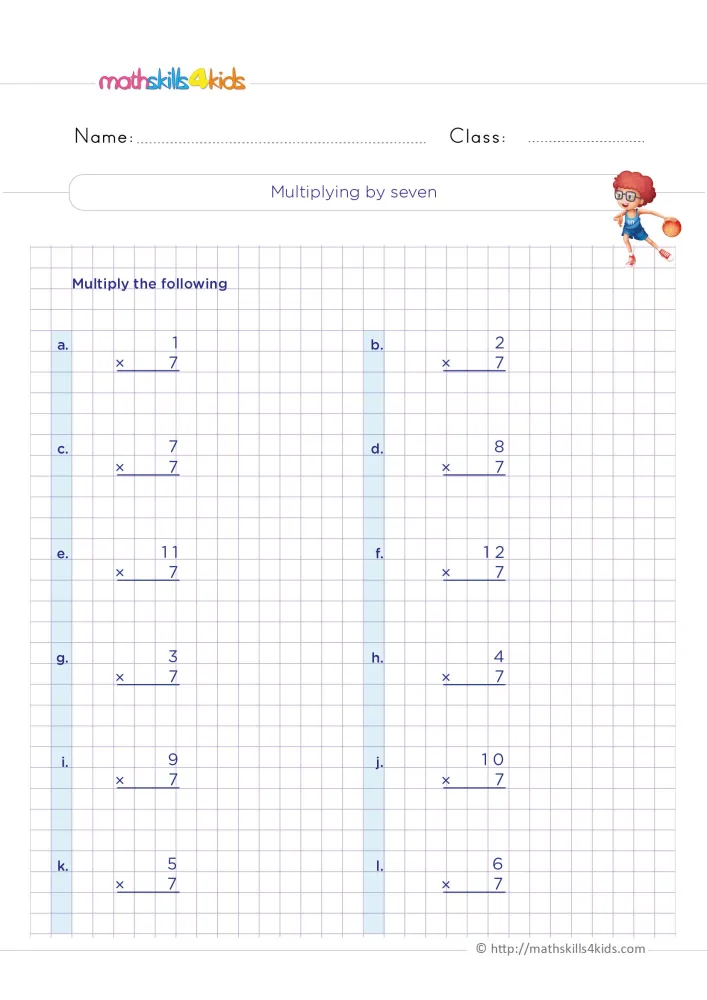 Preview of the multiplying by seven page: a boy with a basketball beside the title, then two columns of facts labeled a to l.