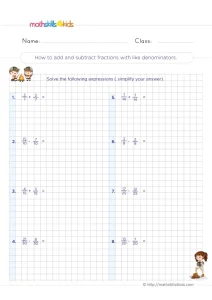 3rd Grade Adding and Subtracting Like Fractions Worksheet: Eight Sums