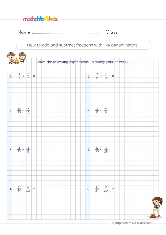 Preview of the adding and subtracting like fractions page: eight items in two columns, two scouts by a fire and a girl explorer.