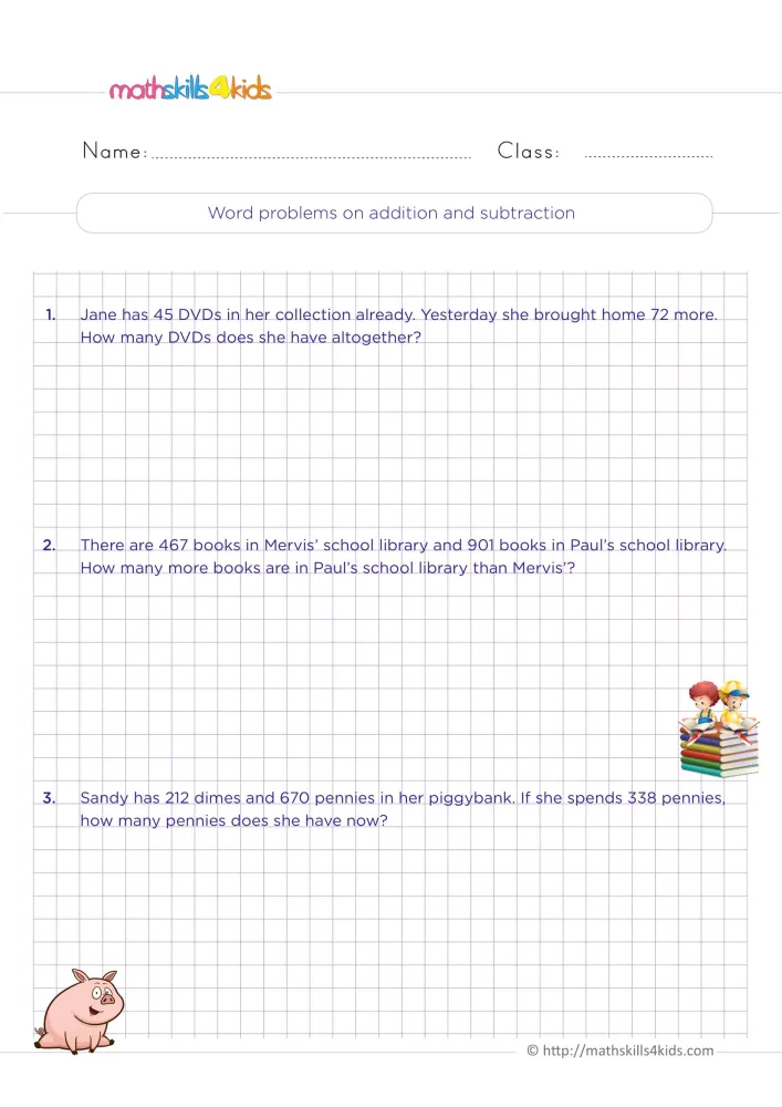 Preview of the addition and subtraction word problems page: three stories with ruled space to write the facts and the answer.