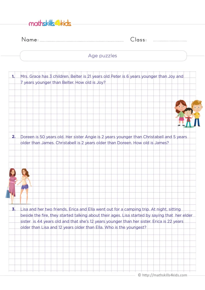 Preview of the age riddles page: three word problems on grid paper, a group of three children and two women with a bag.