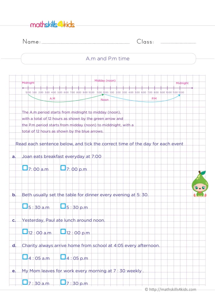 Preview of the a.m. and p.m. time page: a timeline from midnight to midnight and five everyday events to sort by half of the day.
