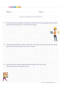 3rd Grade Area of Rectangles in Real Life Worksheet: 3 Word Problems