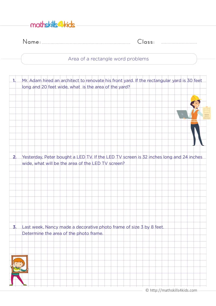 Preview of the area word problems page: three short stories on a large grid, with a builder and a child holding a frame.