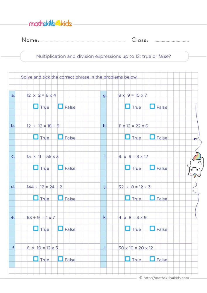 Preview of the balancing equations page: twelve equations with an expression on each side, True and False boxes and a cat.