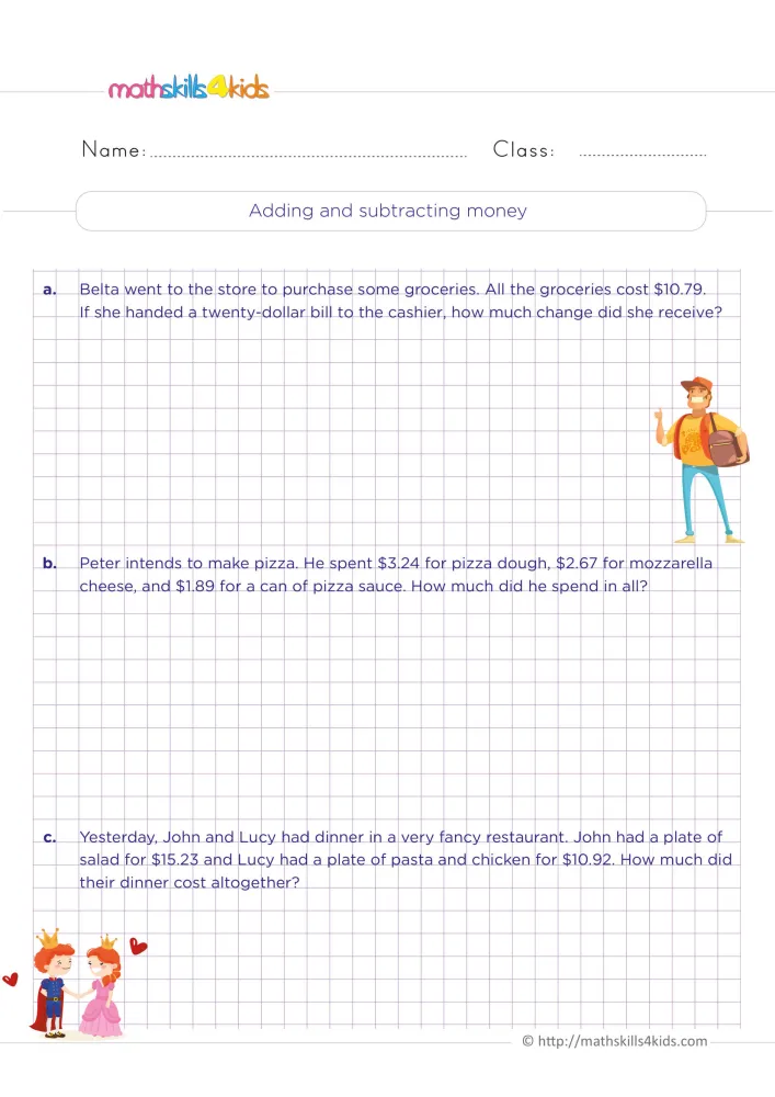 Preview of the change and total cost page: three word problems on a grid, with a delivery man and a prince and princess.