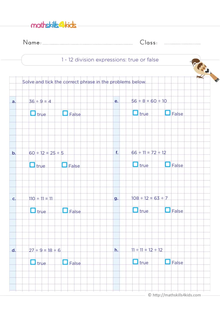 Preview of the division statements page: eight problems in two columns with true and False boxes and a small brown sparrow.